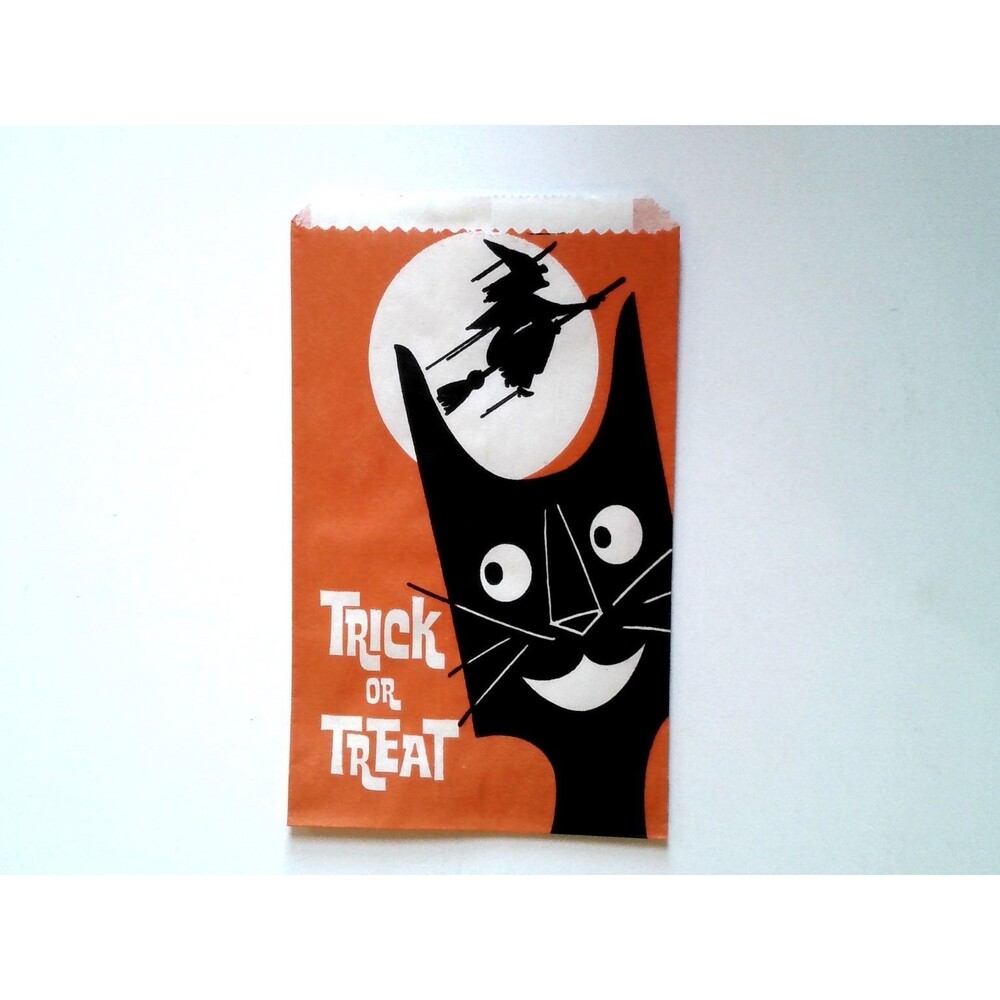 Vintage Style Halloween Treat Bag Black Cat Witch Moon Retro Graphic 7" Tall